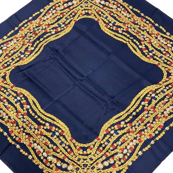 Auth CHANEL Navy Gold Red Silk Scarf - Picture 1 of 4